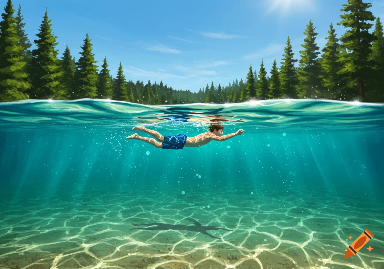 A boy swims gracefully underwater in clear blue-green lake water, with pine trees visible above the surface and sunlight rays illuminating the sandy bottom.