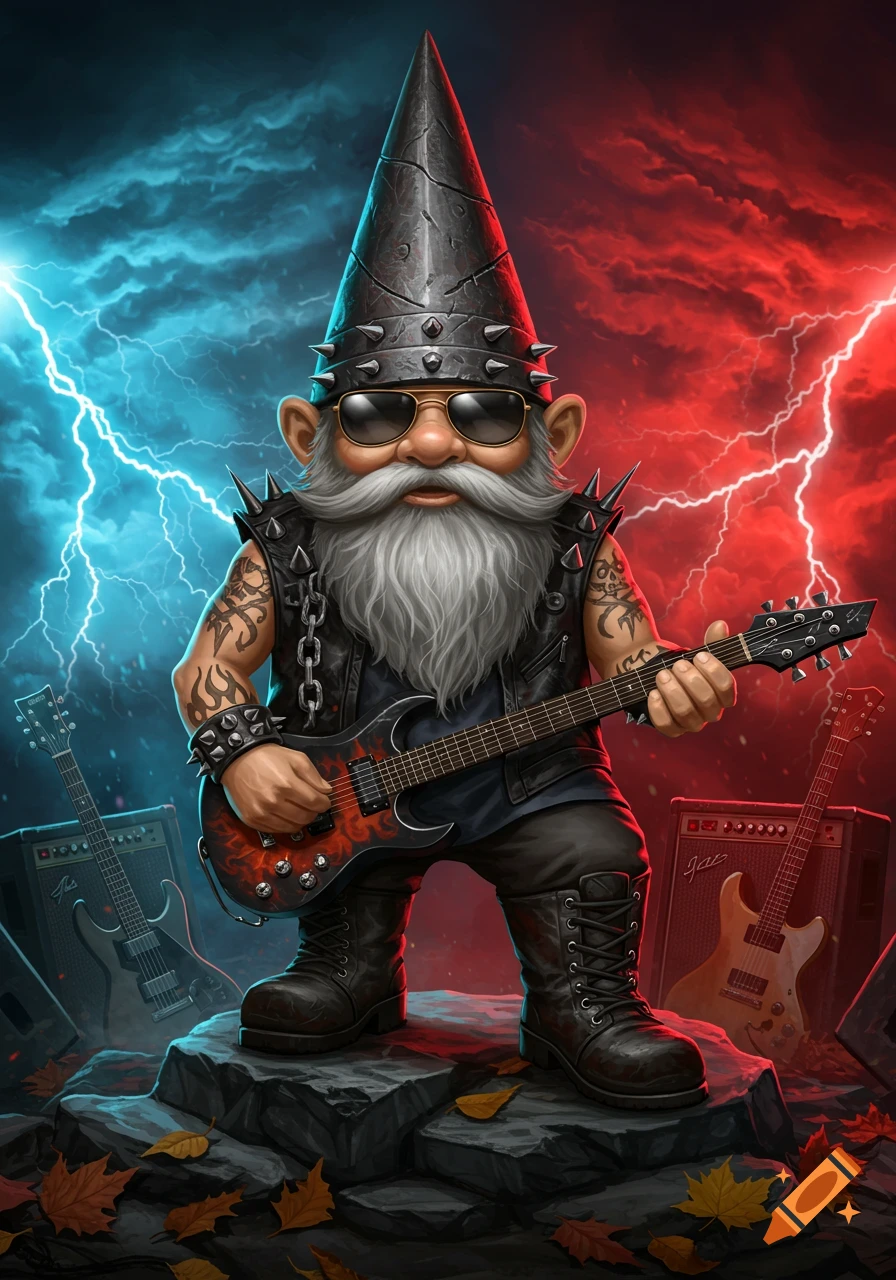 A heavy metal gnome wearing sunglasses and spiked armor plays an electric guitar with lightning bolts and rock equipment in the background.