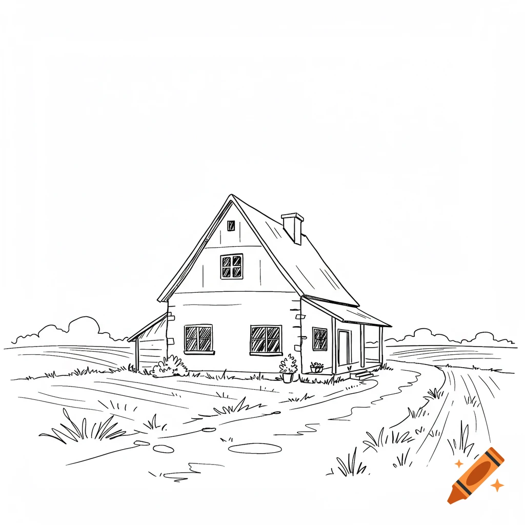 A simple clean line drawing of a rural house in a landscape with a path.