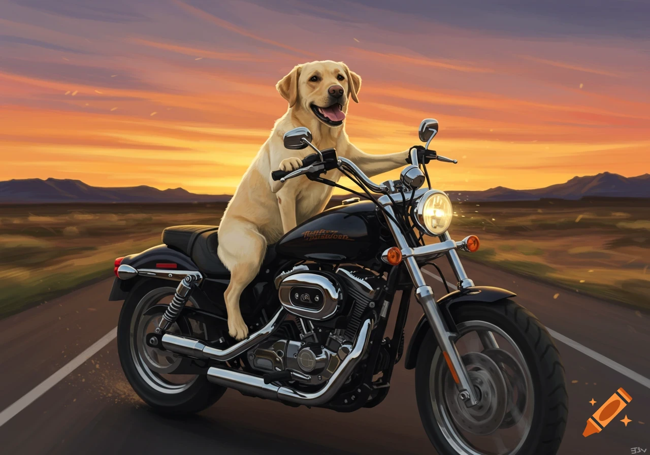 A yellow Labrador dog riding a black Harley Davidson motorcycle on a road at sunset.
