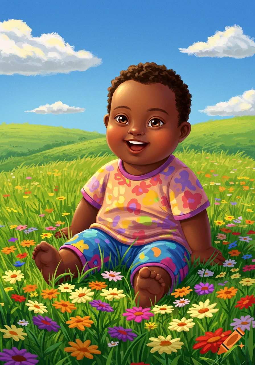 Smiling Black baby with curly hair wearing colorful clothes, sitting in a field of green grass and colorful flowers under a blue sky, illustration style.