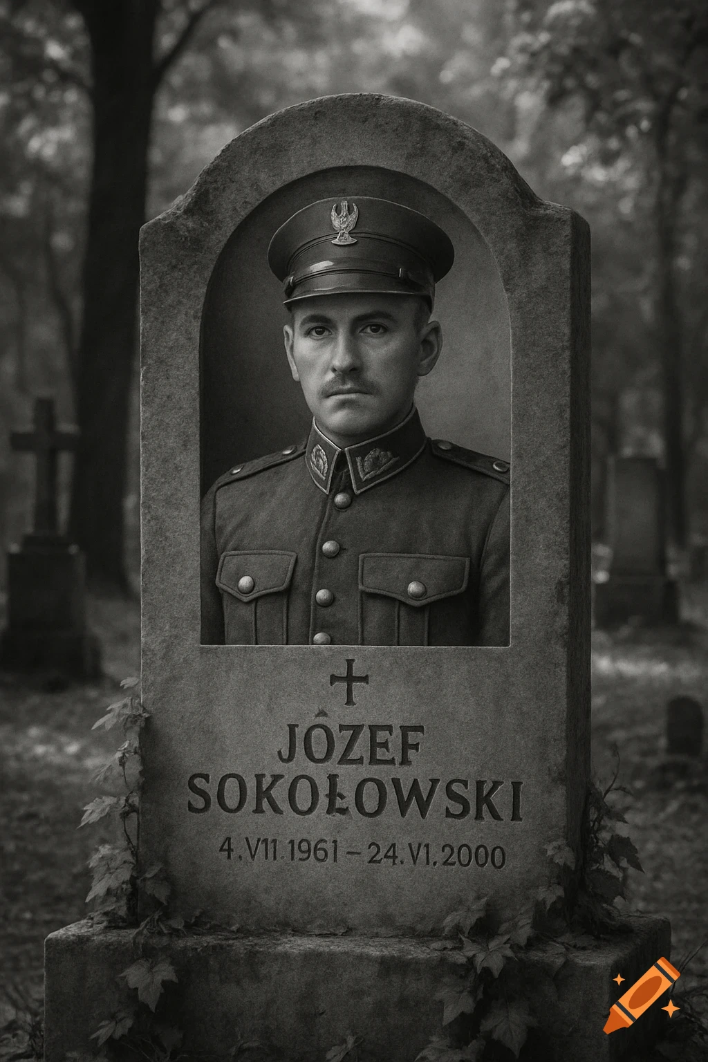 Black and white portrait of a soldier in uniform on a tombstone, set in a cemetery.