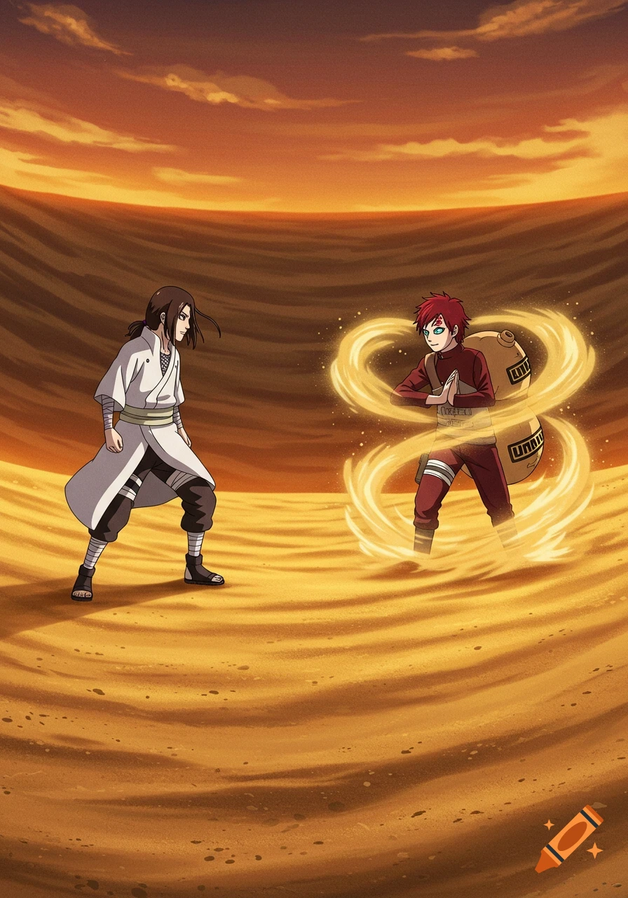Two anime characters, Neji and Gaara, face each other in a sandy arena at sunset, with Gaara surrounded by swirling sand.