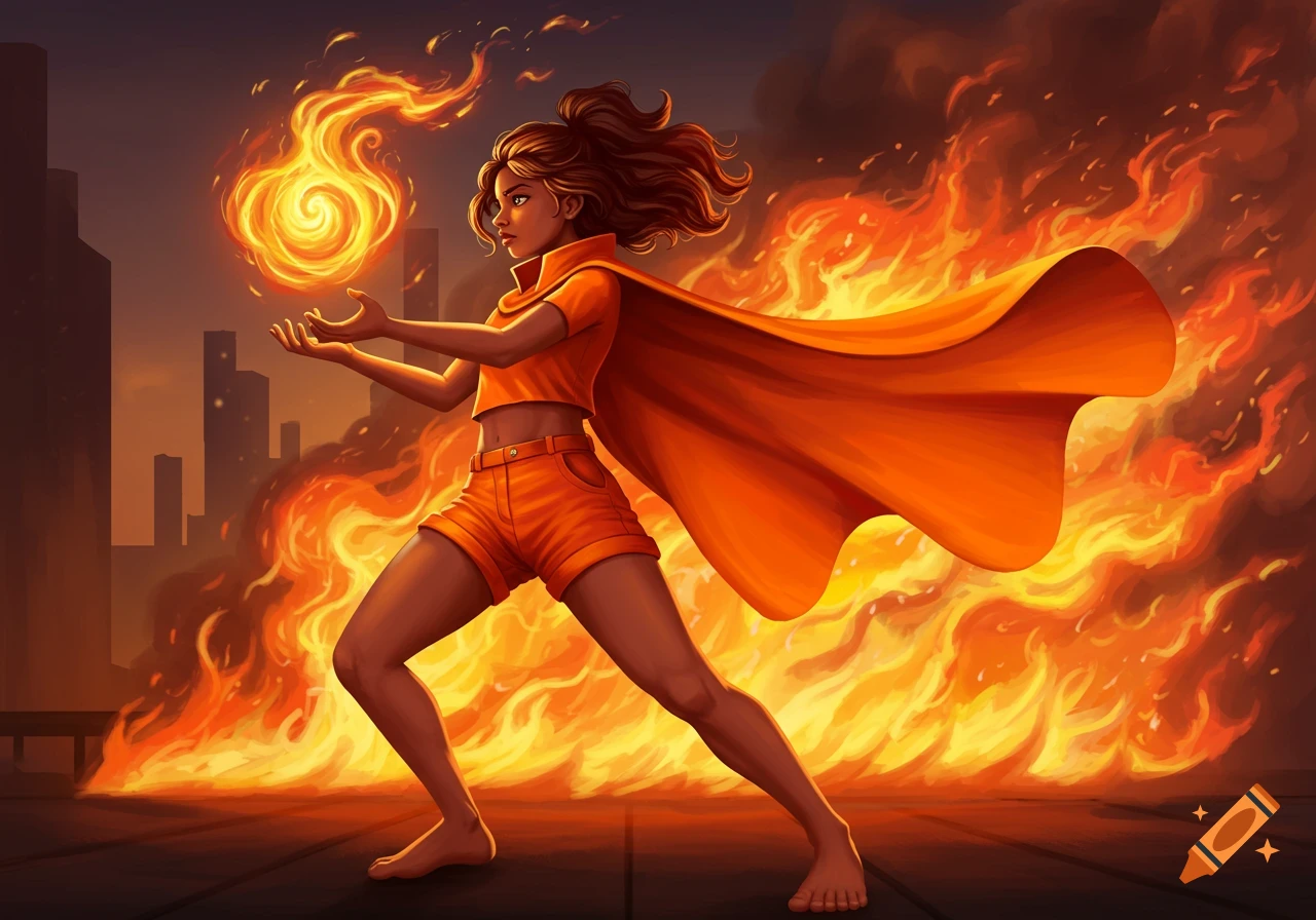 A female superhero in orange shorts and cape conjuring fire in an urban setting, illustration style.