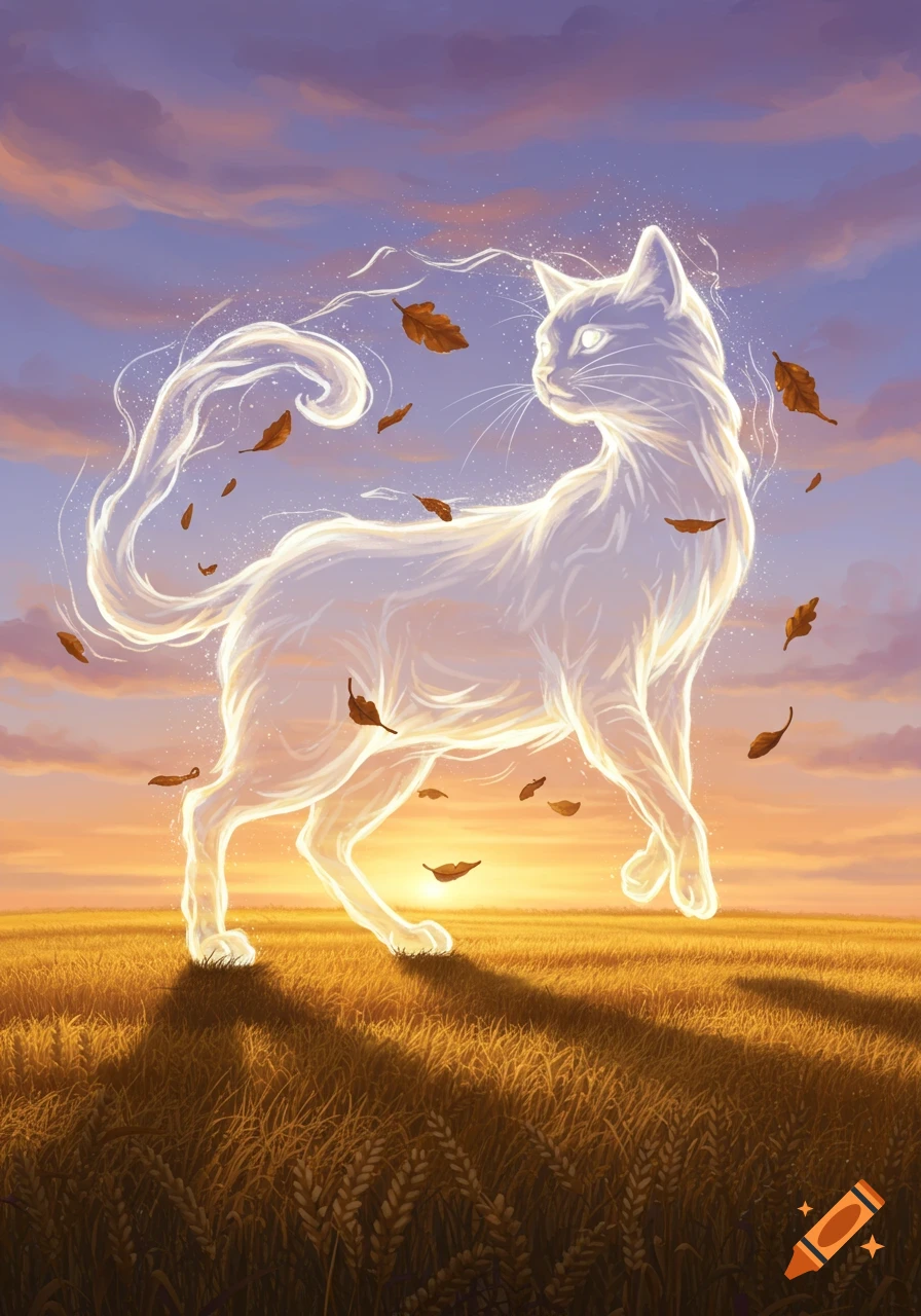 An ethereal, glowing cat stands in a golden field with autumn leaves, under a vibrant sunset sky.