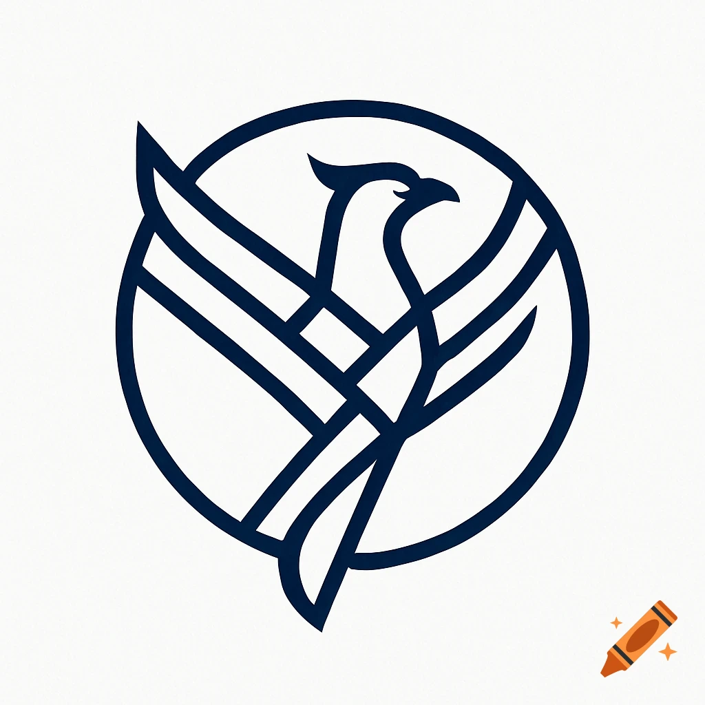 Minimalist dark blue line art logo of a bird or phoenix inside a circle.