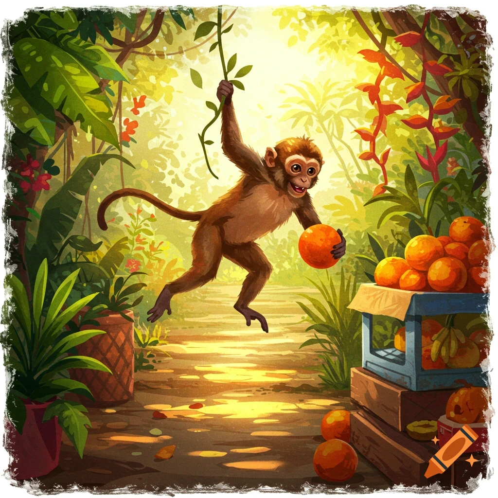 A playful monkey swinging on a vine in a vibrant jungle, holding an orange, with a pile of oranges nearby.