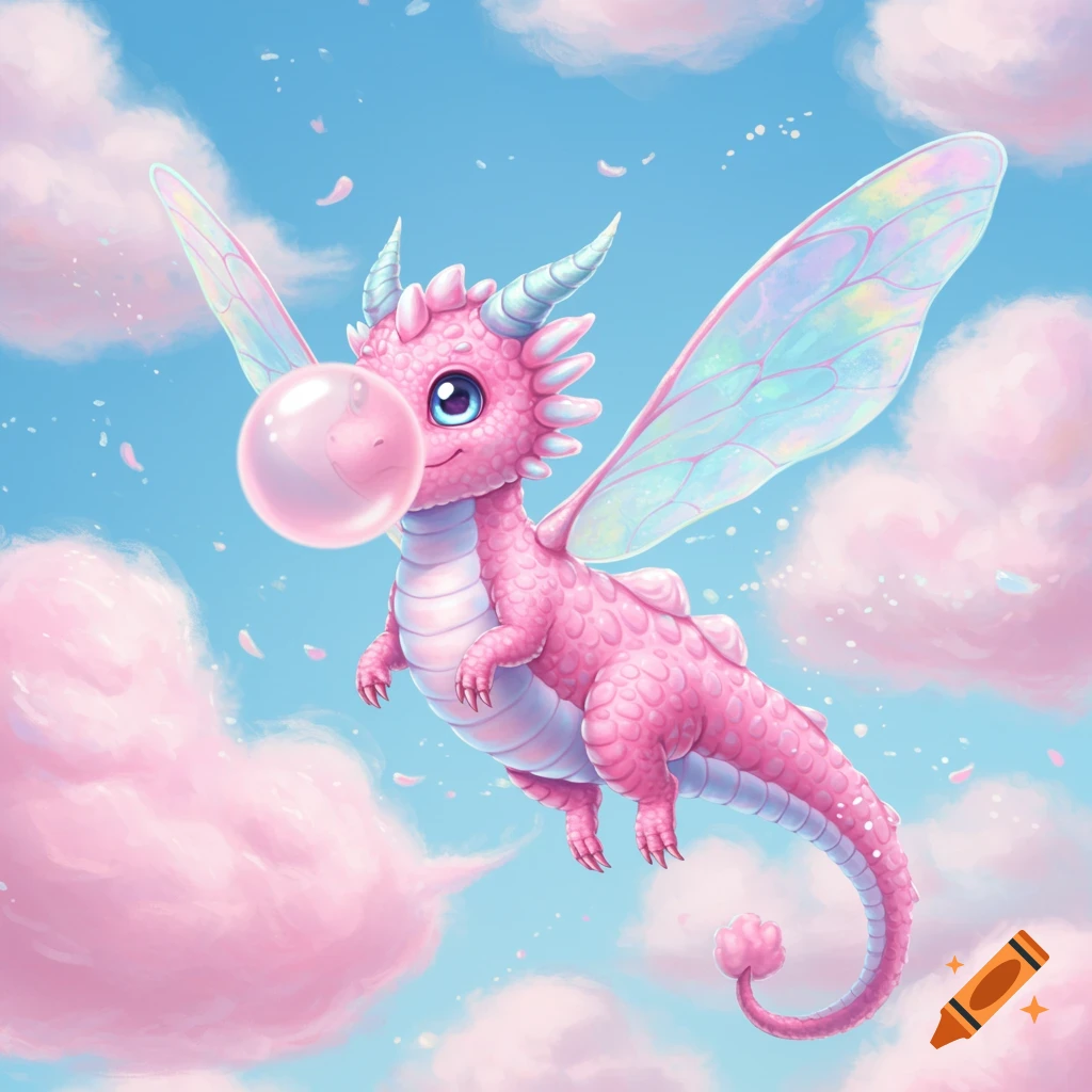 A cute pink bubblegum dragon with iridescent fairy wings flies through a blue sky filled with pink cotton candy clouds, blowing a large pink bubble.