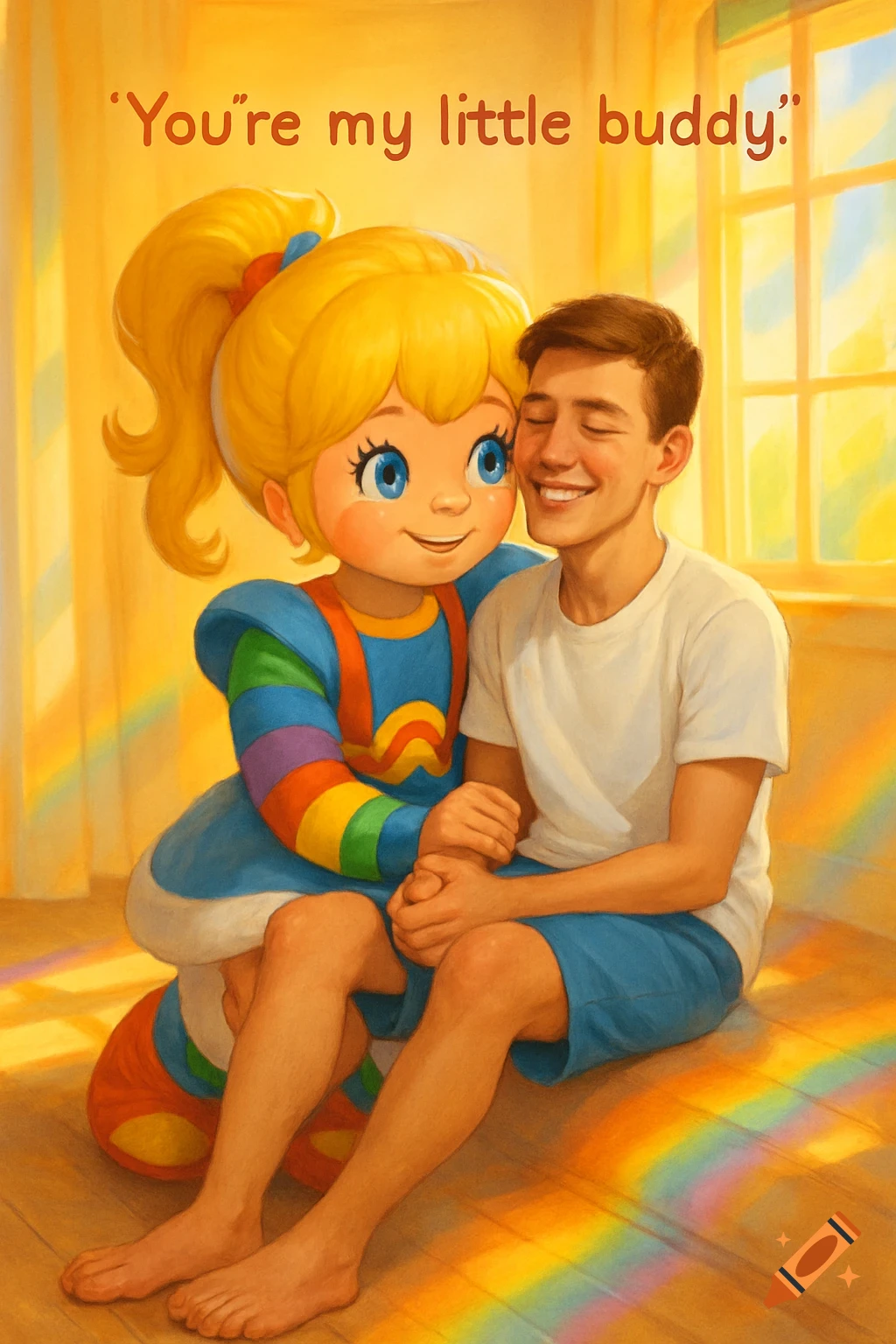 A boy sits on Rainbow Brite's lap as she embraces him. Text reads "You're my little buddy." Bright room with rainbow light.