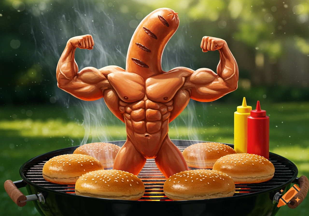 A muscular hot dog flexing on a barbecue grill with hamburger buns and condiment bottles.