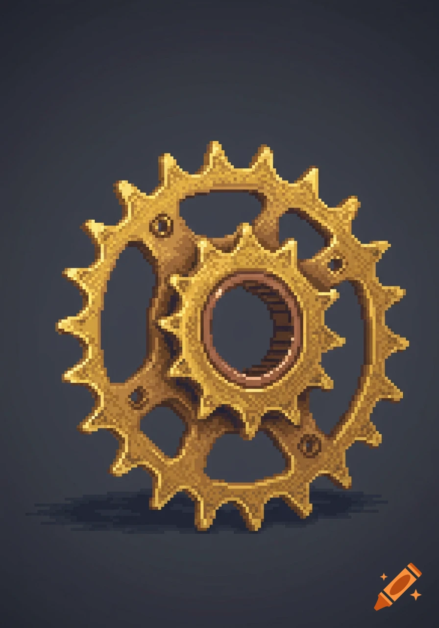 A golden bike sprocket rendered in pixel art style against a dark background.