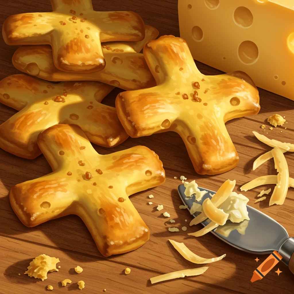 A close-up of golden brown cross-shaped cheese crackers on a wooden table, with a block of cheese and shavings.