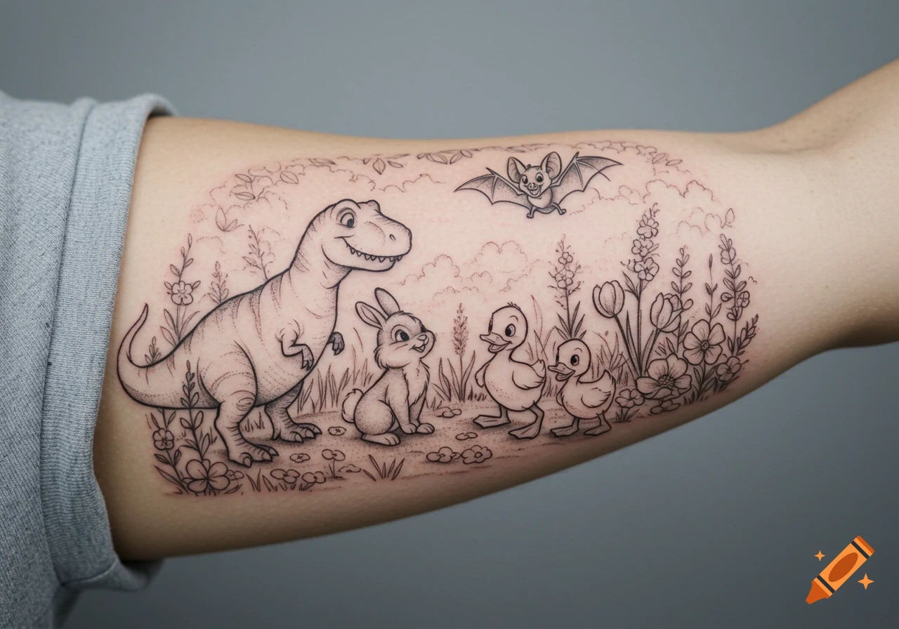 Black and grey line art tattoo on an arm featuring a cartoon T-Rex, bunny, two ducklings, and a bat in a whimsical garden scene.
