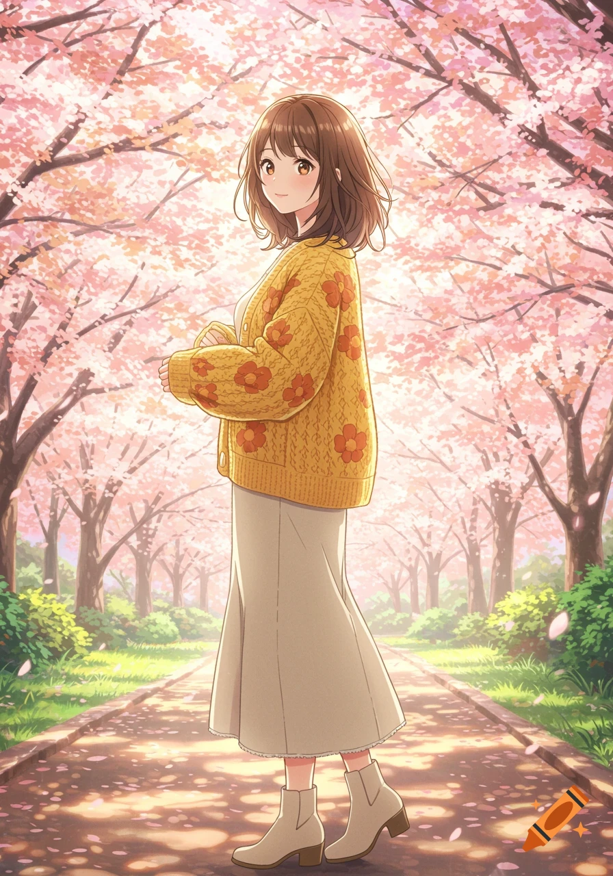 An anime girl with brown hair in a yellow cardigan and beige skirt walks on a path lined with pink cherry blossom trees.