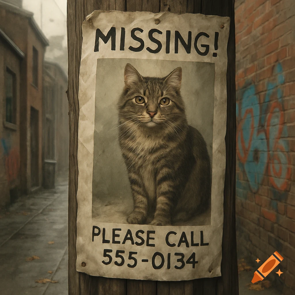 A photorealistic missing poster featuring a brown tabby cat, stapled to a wooden pole in a dim alleyway.