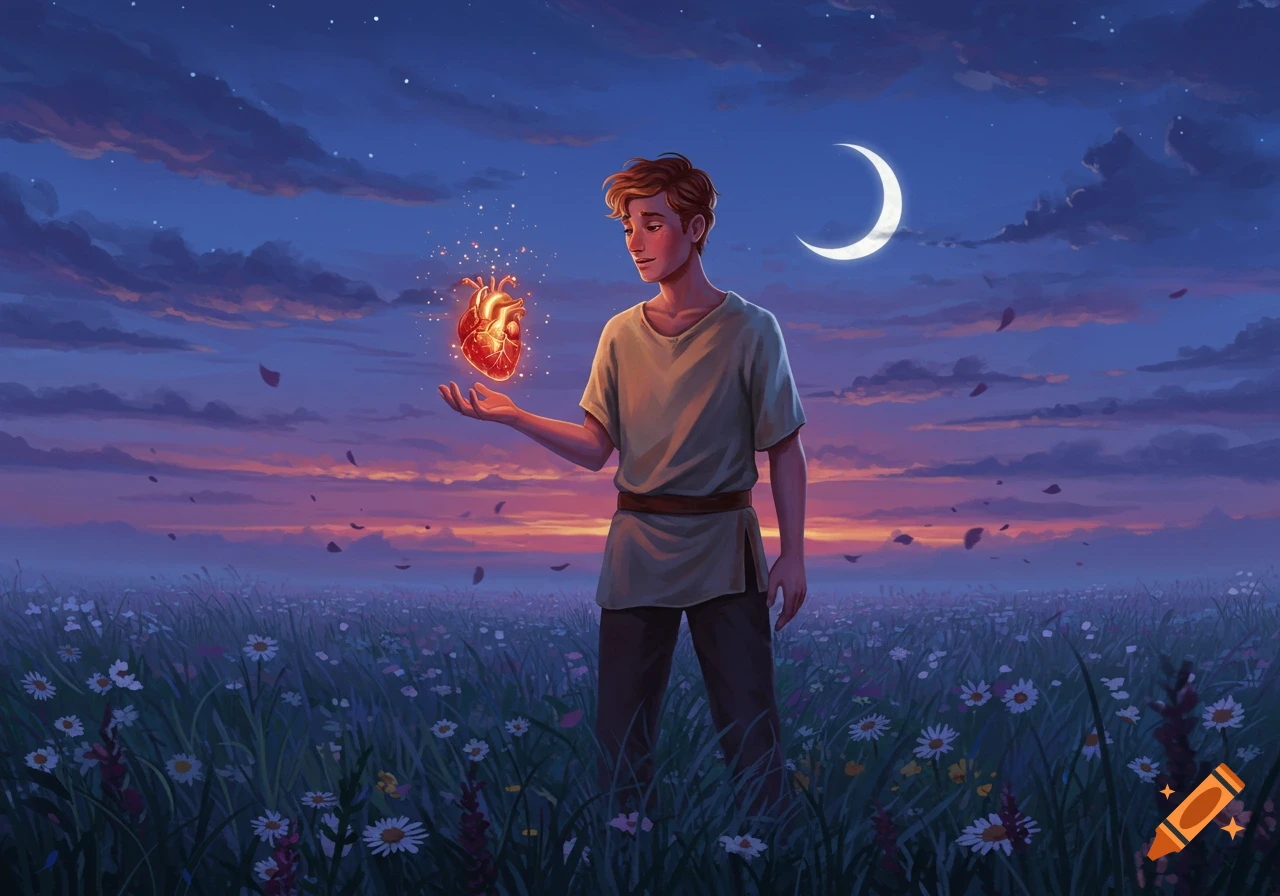A young man holds a glowing heart in a flower field under a twilight sky with a crescent moon, in an illustrative style.