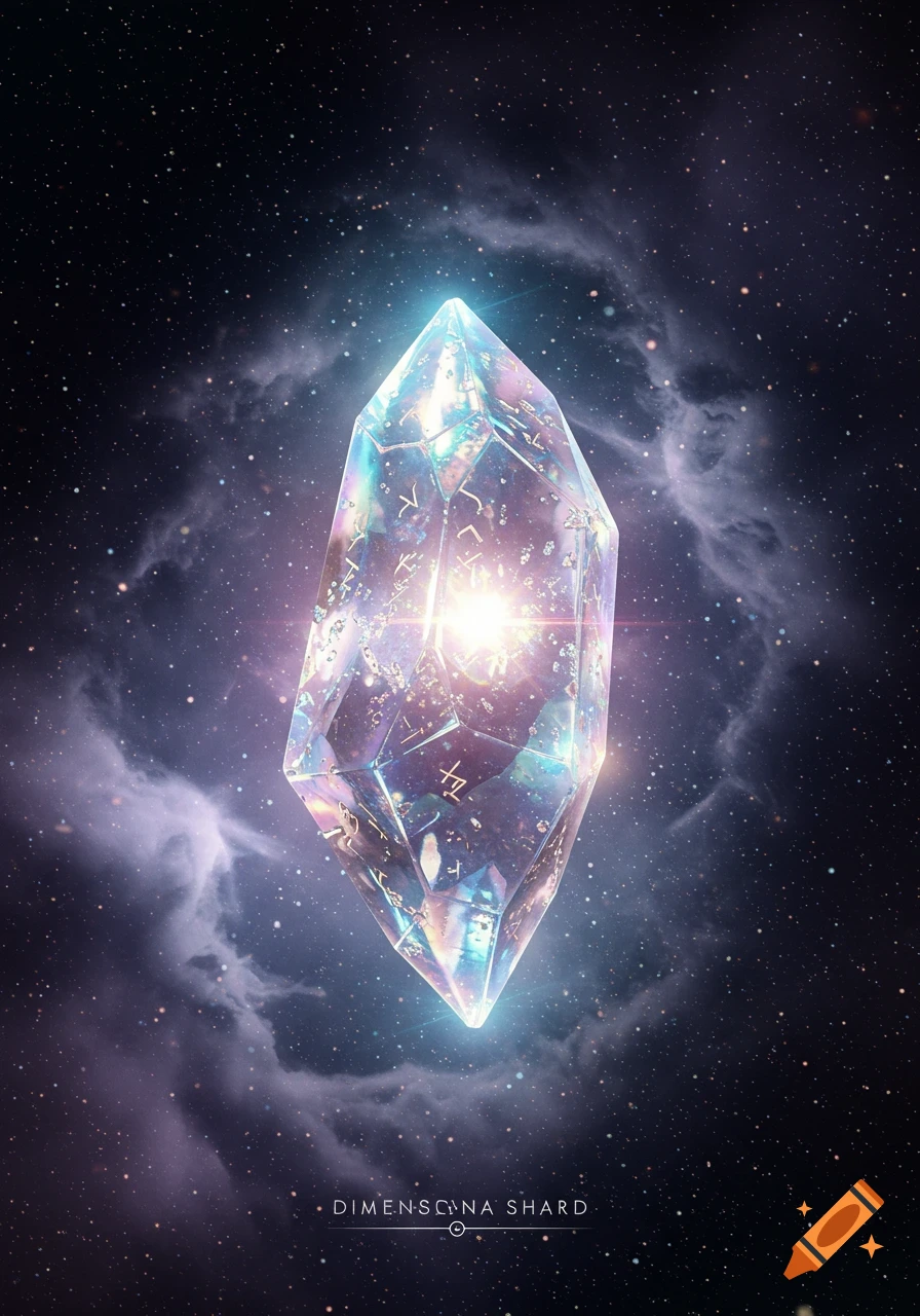 A shimmering, multifaceted crystal floats in deep space amidst stars and cosmic nebulae.