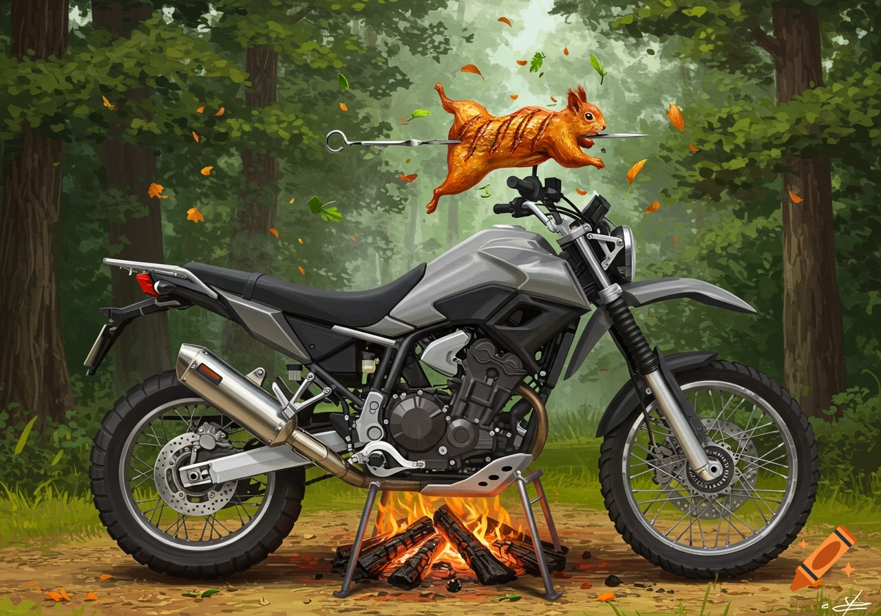 A cartoon-style image of a squirrel roasting on a spit over a campfire, with a grey motorcycle parked next to it in a forest clearing.