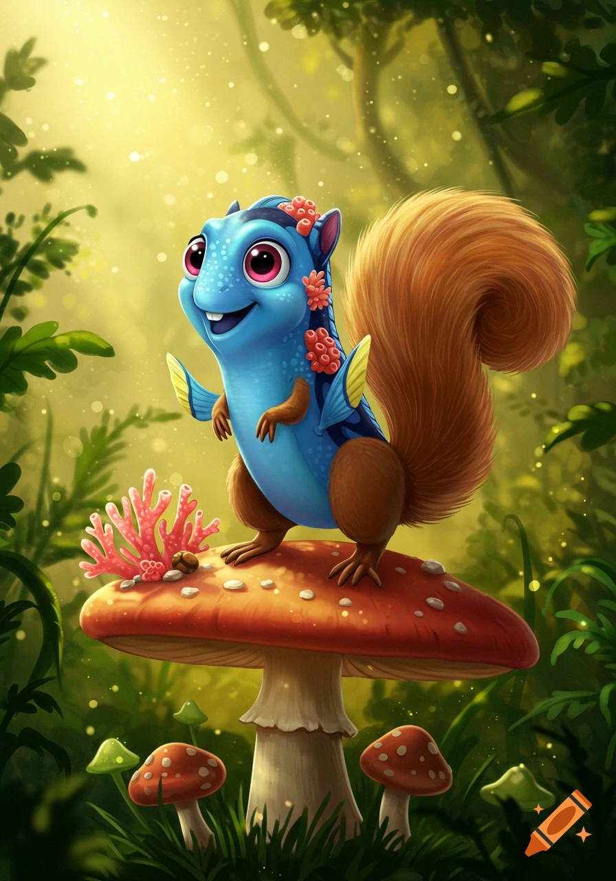 A cute blue Dory-squirrel hybrid creature with an orange bushy tail stands on a large red mushroom in a sunlit fantasy forest.