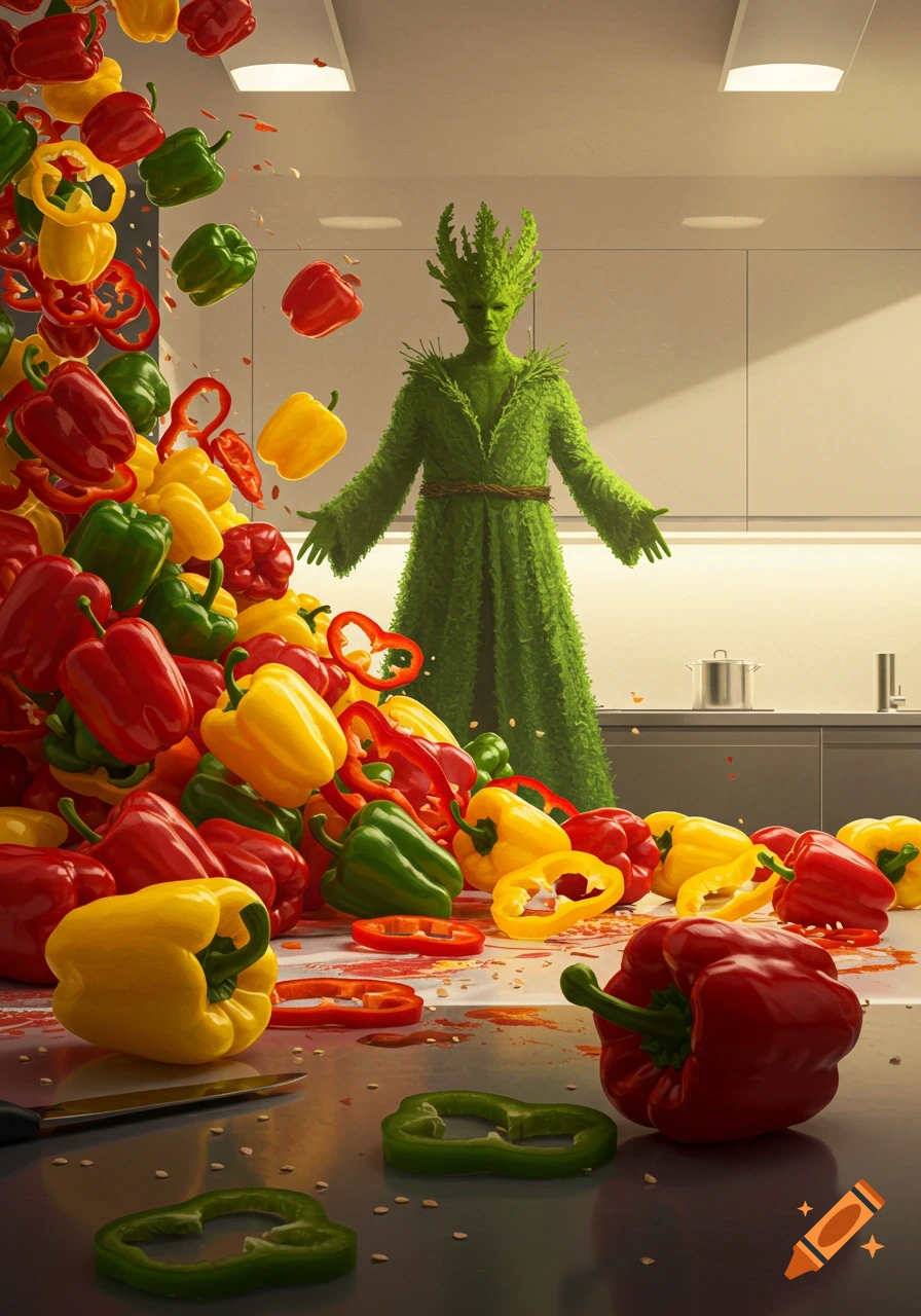 A leafy green humanoid figure stands in a kitchen, surrounded by a large pile of red, yellow, and green bell peppers.