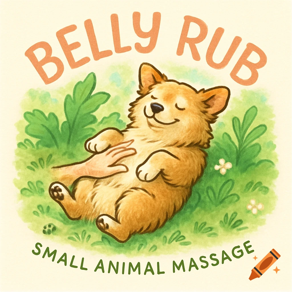 Cartoon corgi dog happily getting a belly rub in grass, with text 'BELLY RUB SMALL ANIMAL MASSAGE' in an illustrated style.
