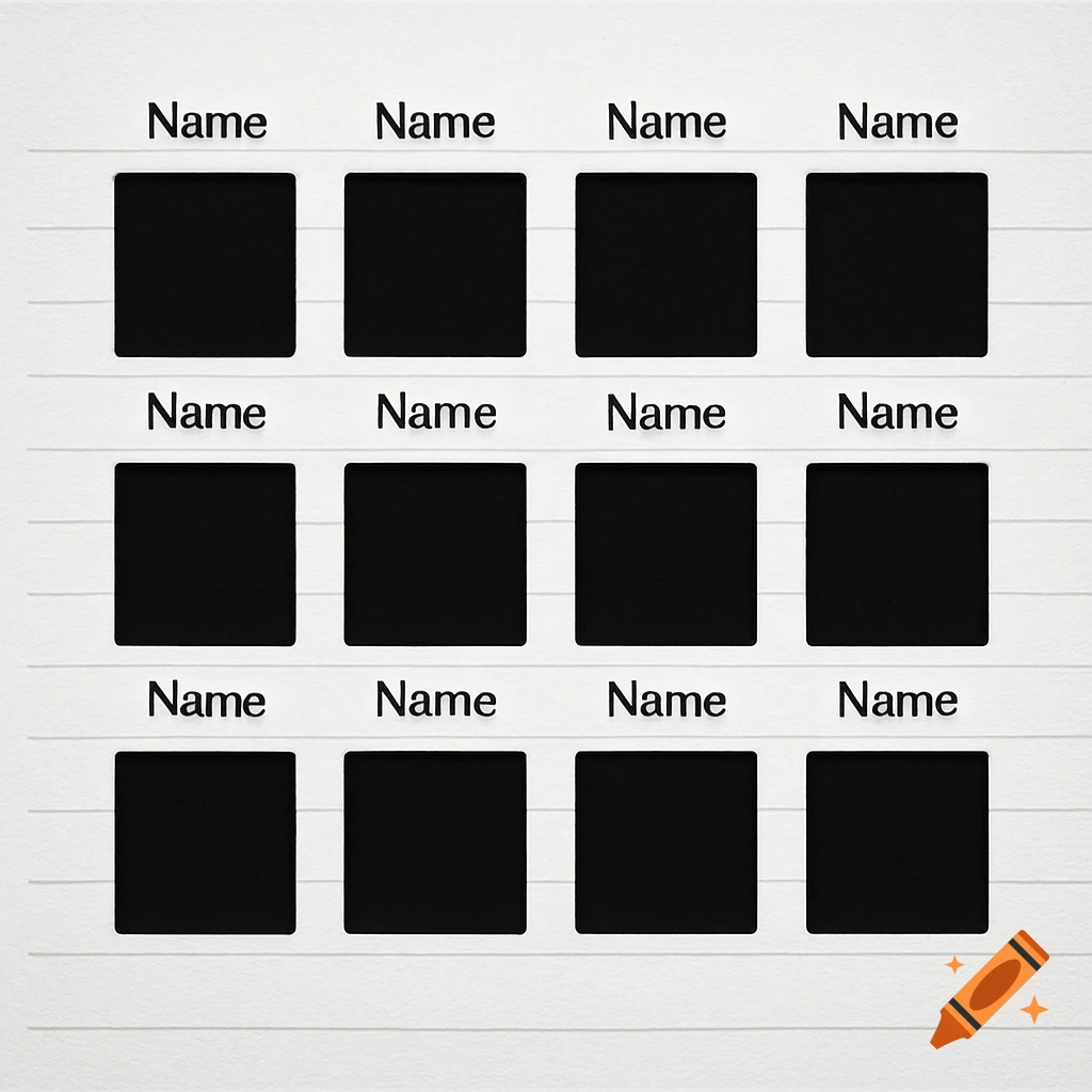 A white lined paper background with three rows of four black square frames, each with 'Name' printed above.