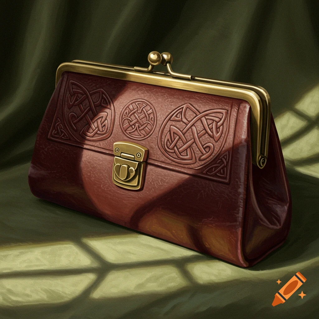 A brown leather purse with a golden clasp and embossed Celtic knot designs rests on a green draped cloth, with window shadows.