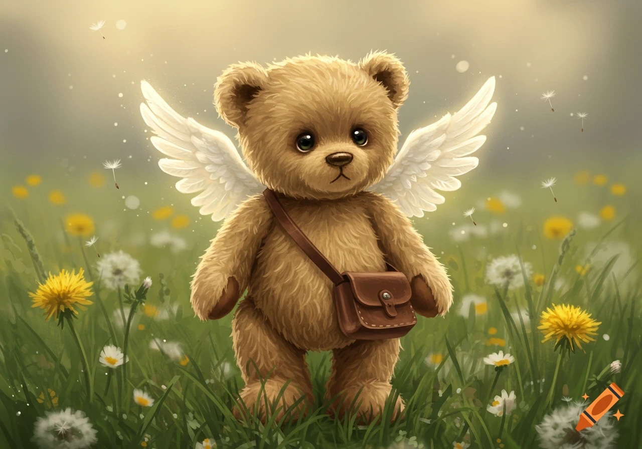 A cute tan teddy bear with white wings and a brown satchel stands in a sunny meadow filled with dandelions.