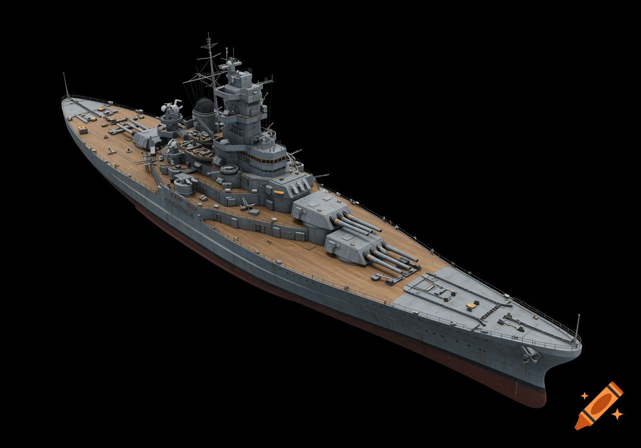 An aerial view of a large battleship with multiple gun turrets and a tall command tower against a solid black background.