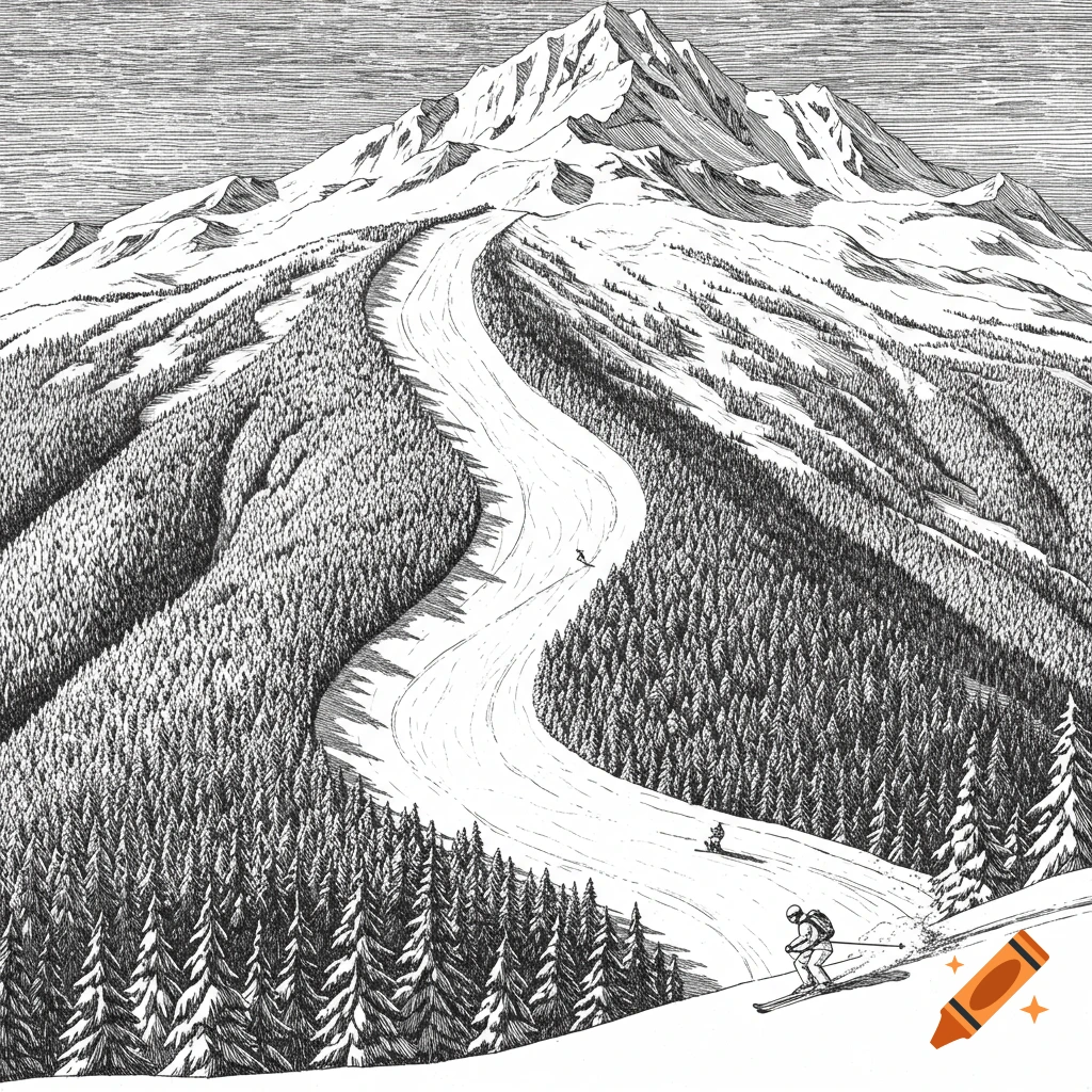 A detailed black and white line drawing of a large ski mountain with multiple slopes, dense forests, and several skiers.