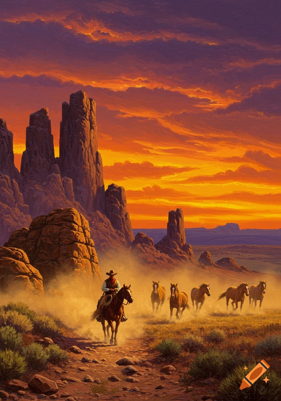 A cowboy on horseback leads wild horses through a dusty Western desert landscape at sunset with towering rock formations.