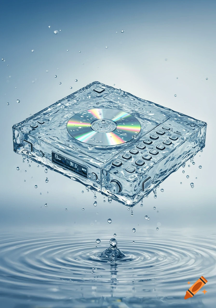 A CD player made of clear water, with a CD inside, floating above a rippling water surface, surrounded by water droplets.