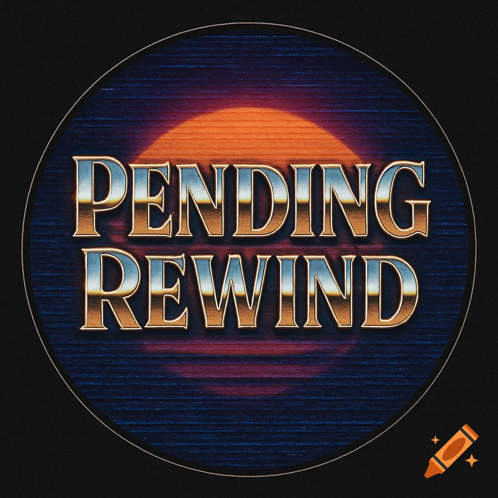 A circular logo featuring the words PENDING REWIND in metallic, gradient text, against a dark blue background with horizontal lines and an orange-red sunset-like glow.