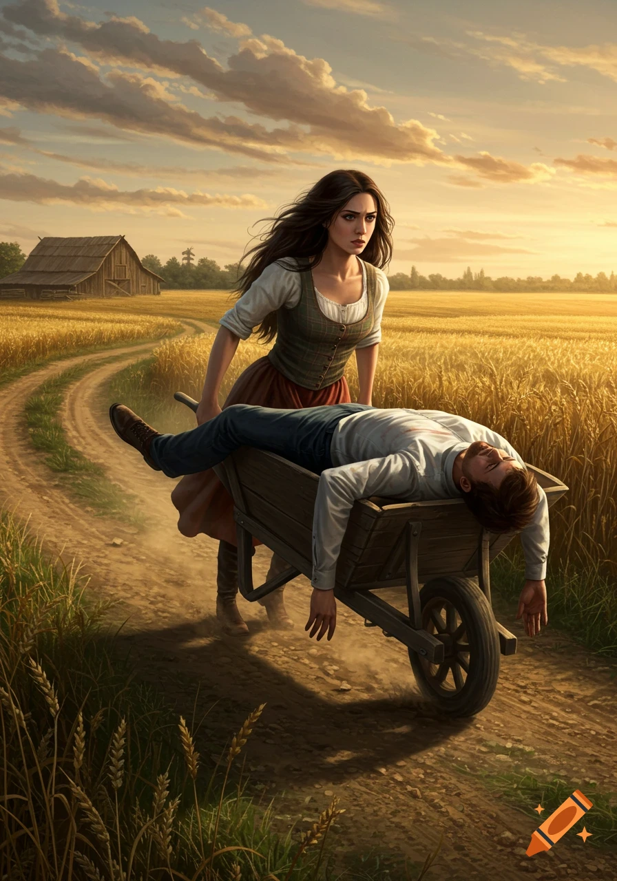 A determined woman pushes a wheelbarrow holding an unconscious man down a dirt path through a golden wheat field at sunset. A barn is in the background.