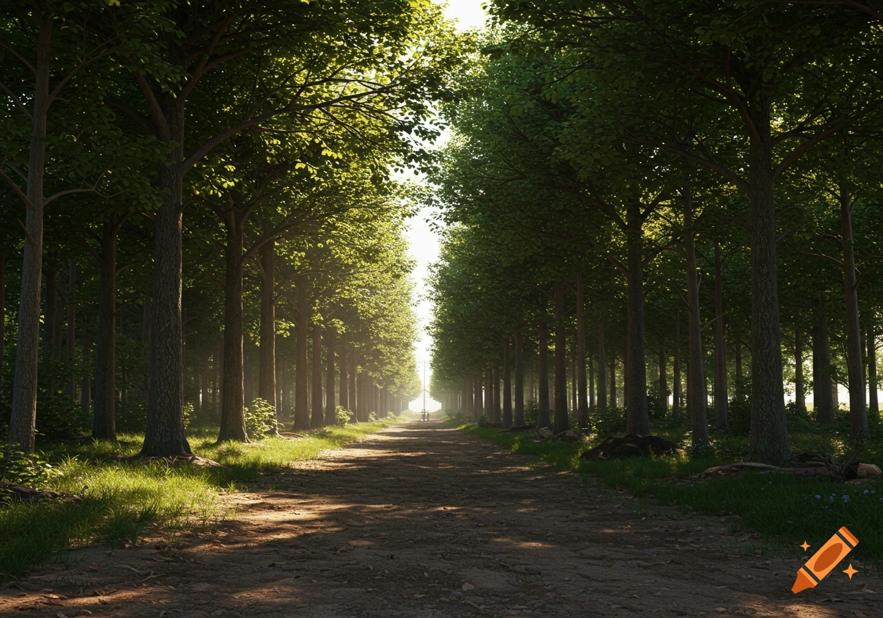 A photorealistic image of a dirt path winding through a dense forest, with sunlight filtering through the canopy.