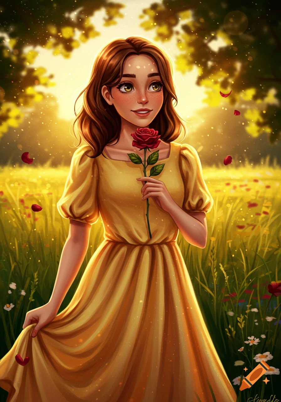 A smiling young woman with brown hair and a yellow dress holds a red rose in a sunny, golden field.