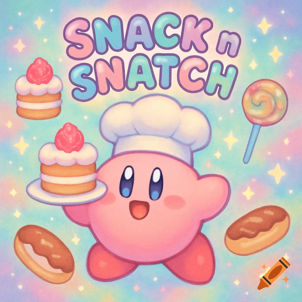 A cute, pastel cartoon image of pink Kirby wearing a chef's hat, holding a small cake, with other desserts like eclairs and a lollipop surrounding him, and the text "SNACK n SNATCH" at the top.