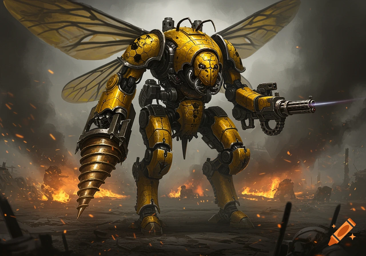 A formidable yellow and black bee-themed robot with a drill arm and a gatling gun stands in a grimdark, fiery warzone.