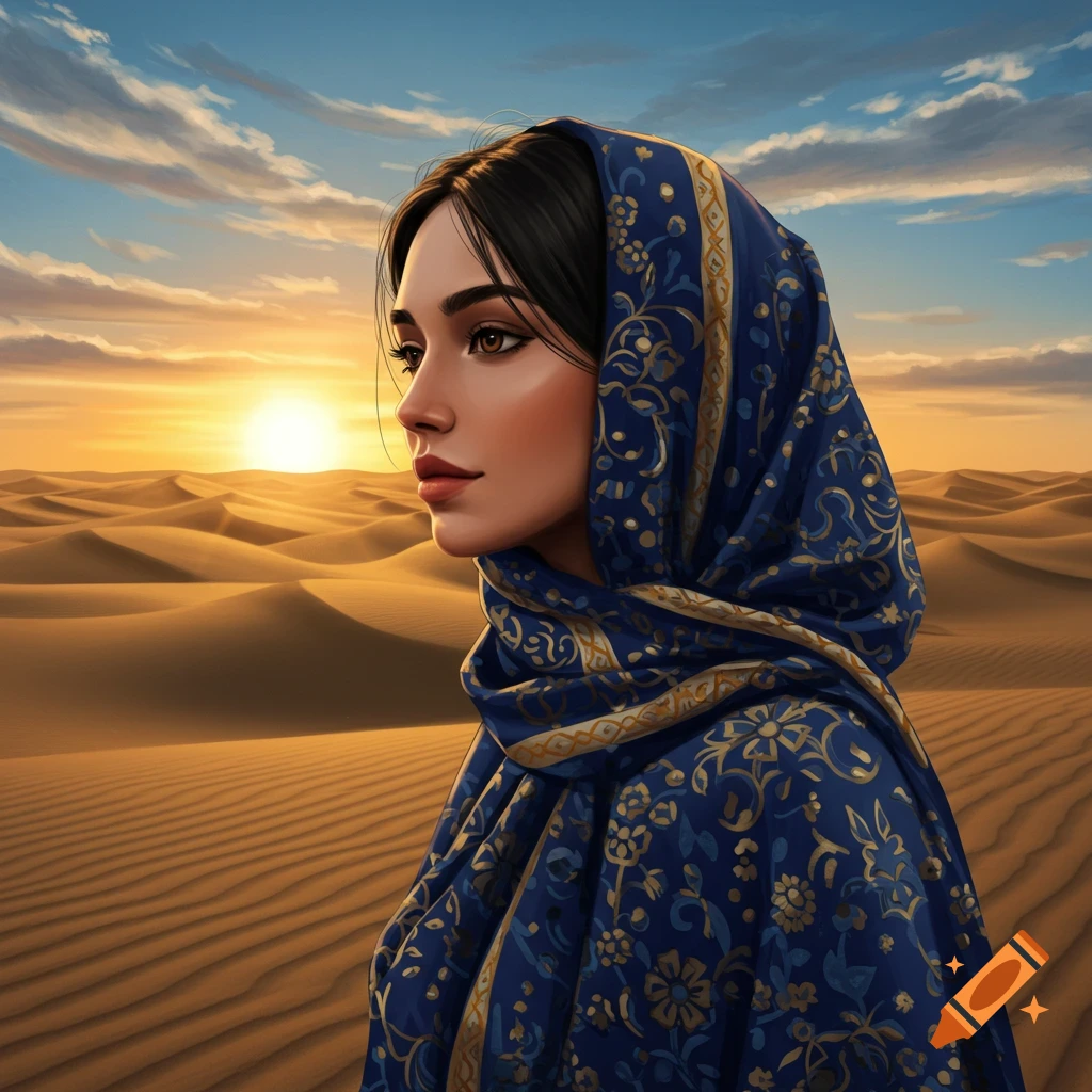 A woman in a blue and gold patterned hijab stands in a vast desert at sunset, looking left. Photorealistic art.