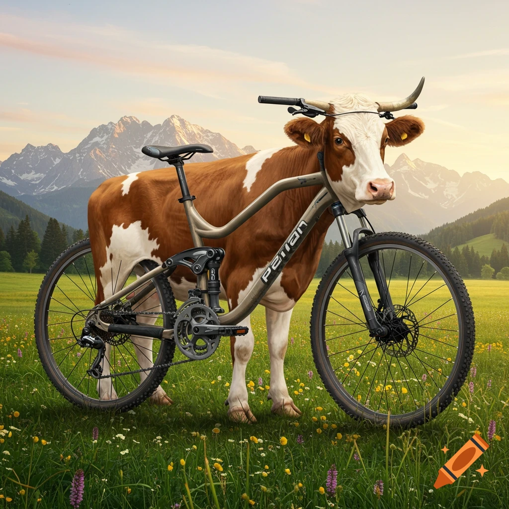 A photorealistic image of a brown and white cow with the frame of a mountain bike integrated into its body, standing in a field with mountains.