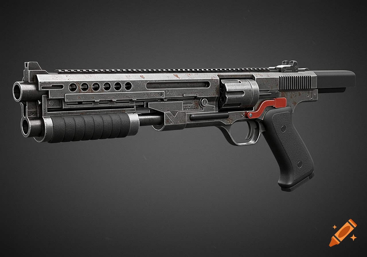 A highly detailed, weathered futuristic firearm with a large barrel, a revolver cylinder, and a textured grip.