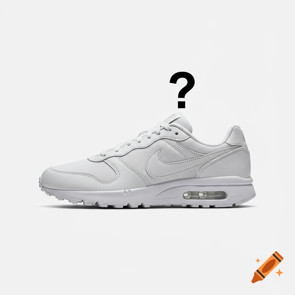 A white Nike sneaker with a black question mark floating above it on a white background.