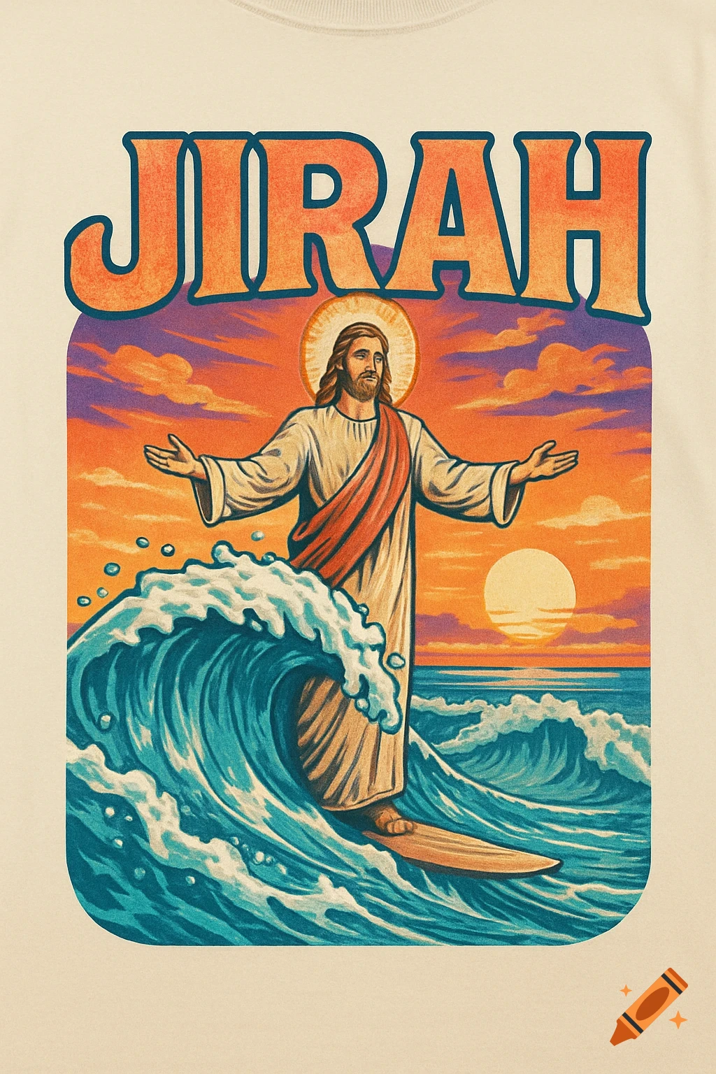 Illustration of Jesus Christ surfing on a wave with a sunset background, with the word 'JIRAH' in a retro style above.
