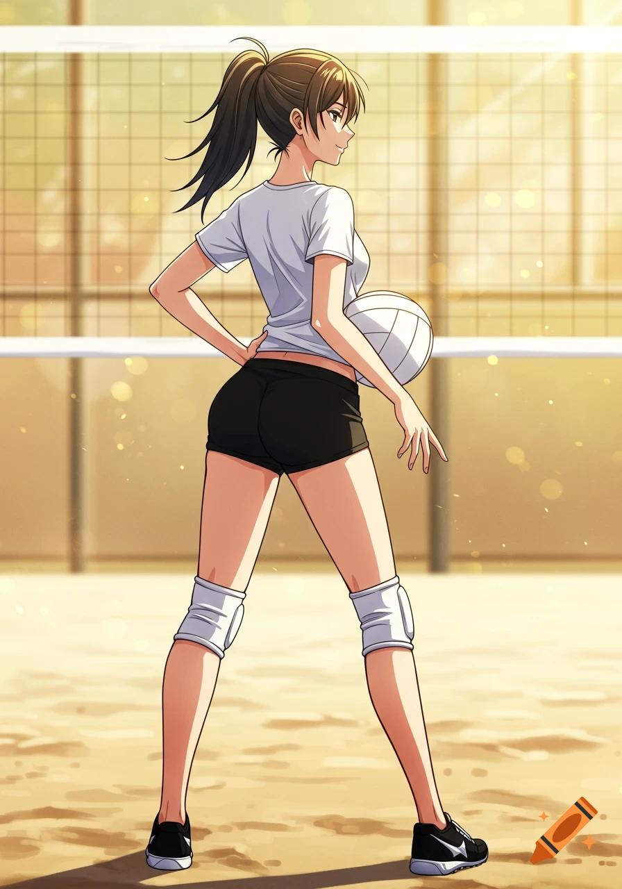 Anime female volleyball player from behind on a sand court, wearing white t-shirt, black shorts, and kneepads, holding a volleyball.