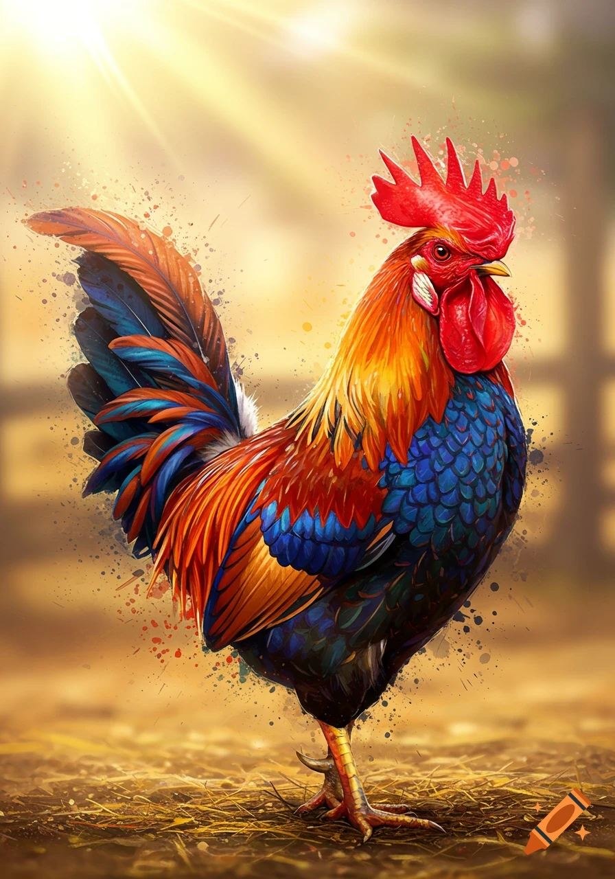 A vibrant rooster with colorful feathers and paint splash effects against a sunny background.