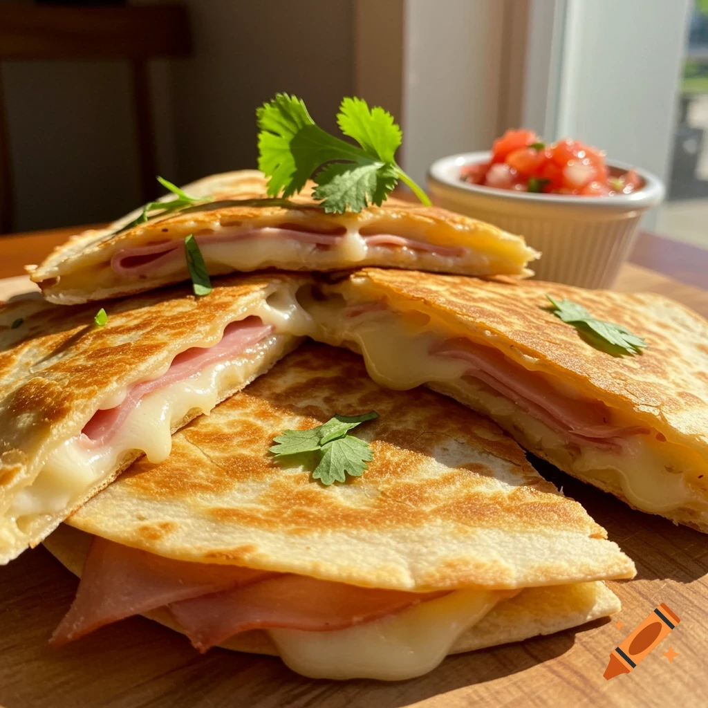 Close-up of golden-brown ham and cheese quesadillas with melted cheese, garnished with cilantro, served with salsa.