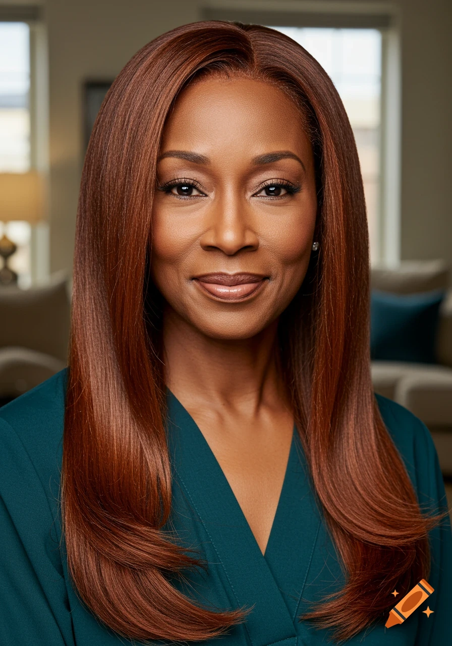 Photorealistic portrait of a smiling Black woman with long, straight auburn hair, wearing a teal top.