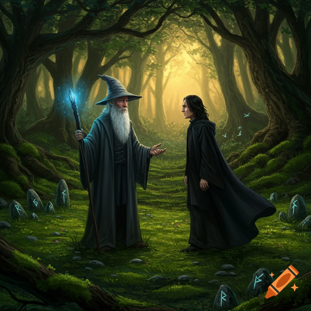 A wise wizard with a glowing staff talks to a dark-robed figure in a magical, sunlit forest with mossy ground and runic stones.