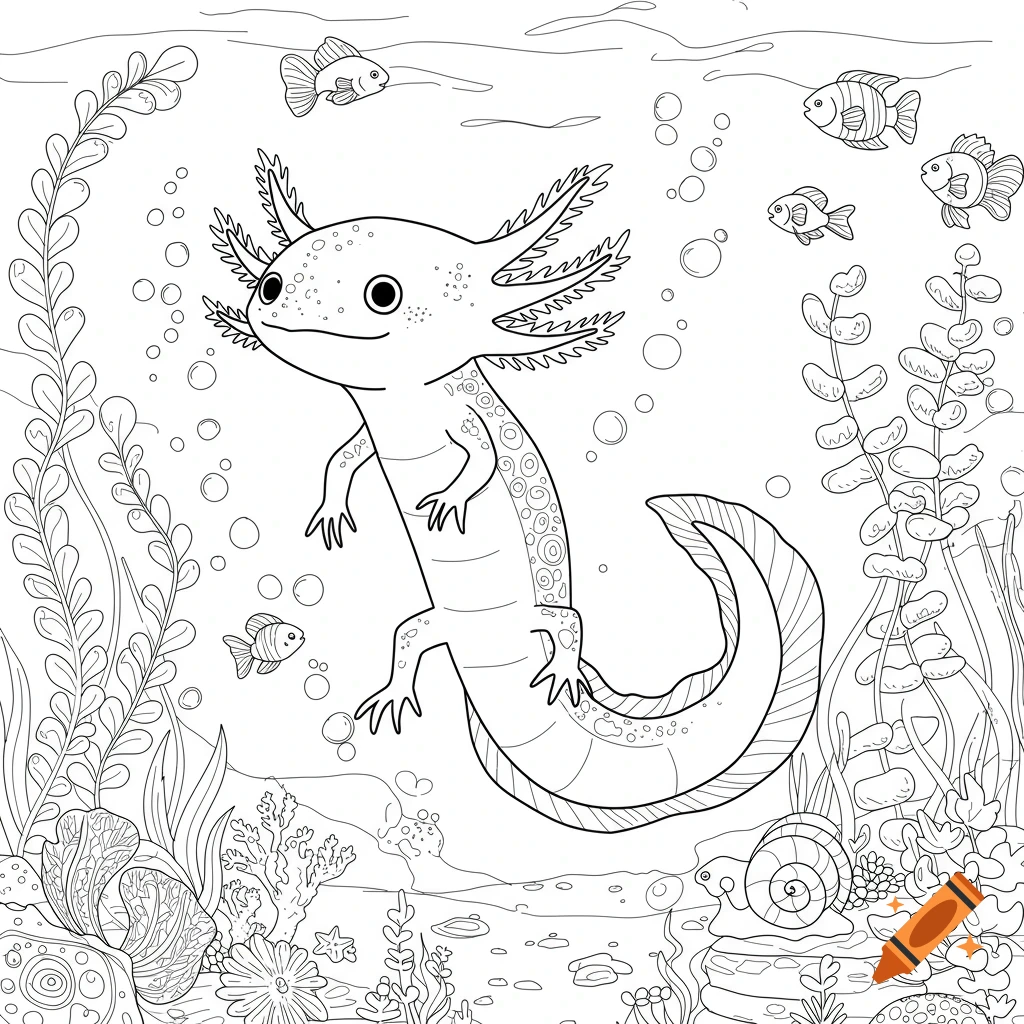 A black and white line art coloring page of an axolotl swimming underwater with fish and plants.