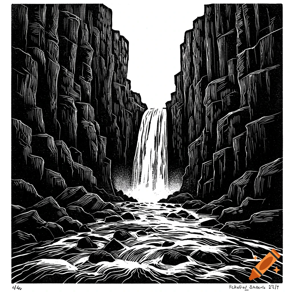 Monochrome linocut art of a waterfall cascading between towering cliffs into a rocky river.